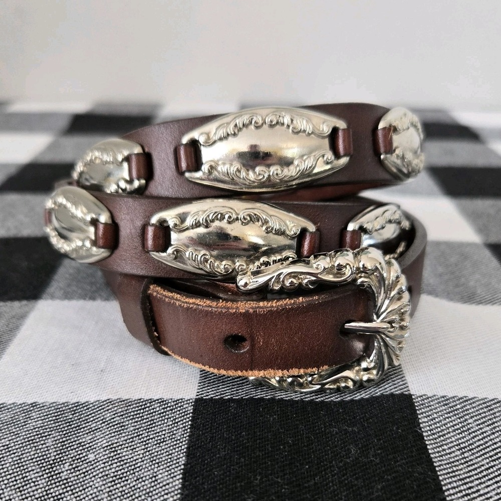 Women's Silver-tone Concho Adorned Slim Brown Leather Belt Fits 31" - 35"   READ